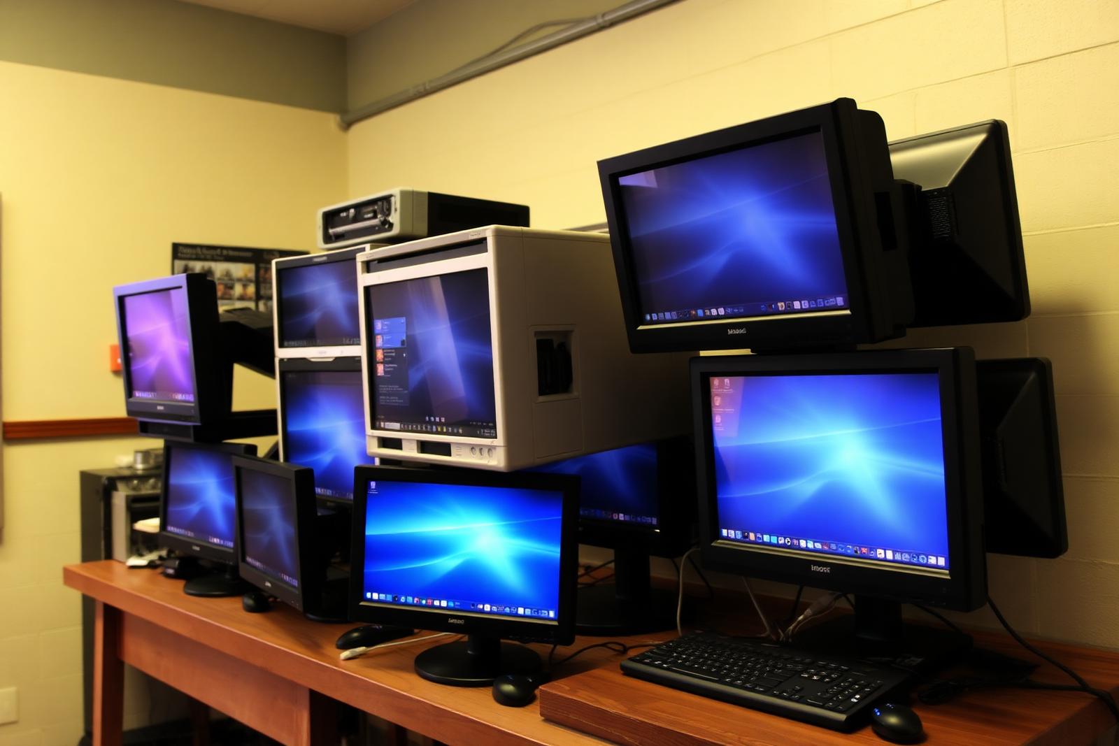 Moniteurs informatiques collectés et posés sur un établi pour être testés