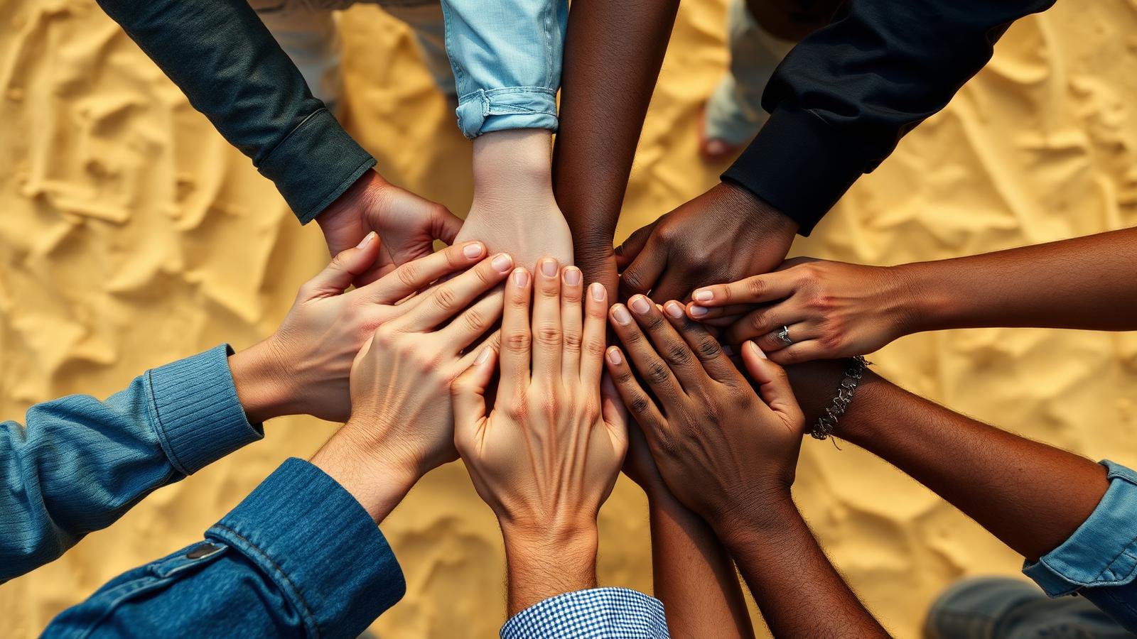 Mains de personnes de tous horizons réunies en signe de solidarité